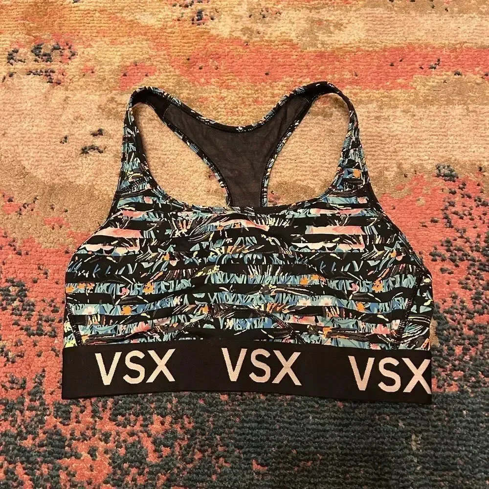 VSX Women's Black and Blue Patterned Sports Bra